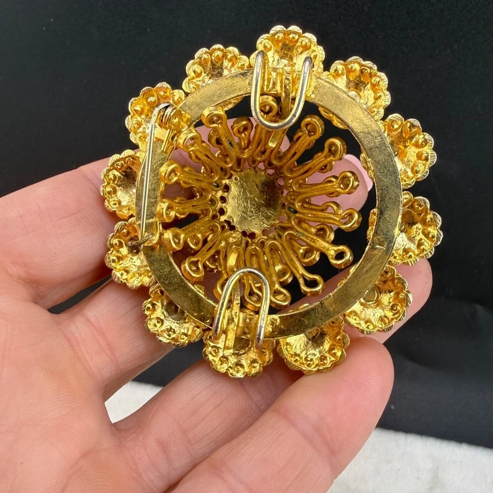 Vintage Rhinestone Dome Brooch Gold Tone Heavy READ